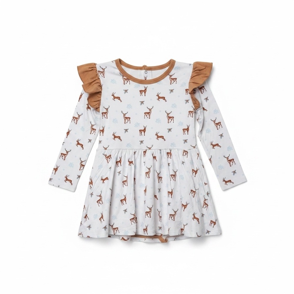 Bubble Baby Reindeer Bamboo Viscose Ruffle Bodysuit Dress White Tan 5T